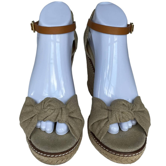 Tory Burch Macy Metallic Linen Peep Toe Knotted Band Espadrille Wedge Heel sz 10 - Picture 4 of 14